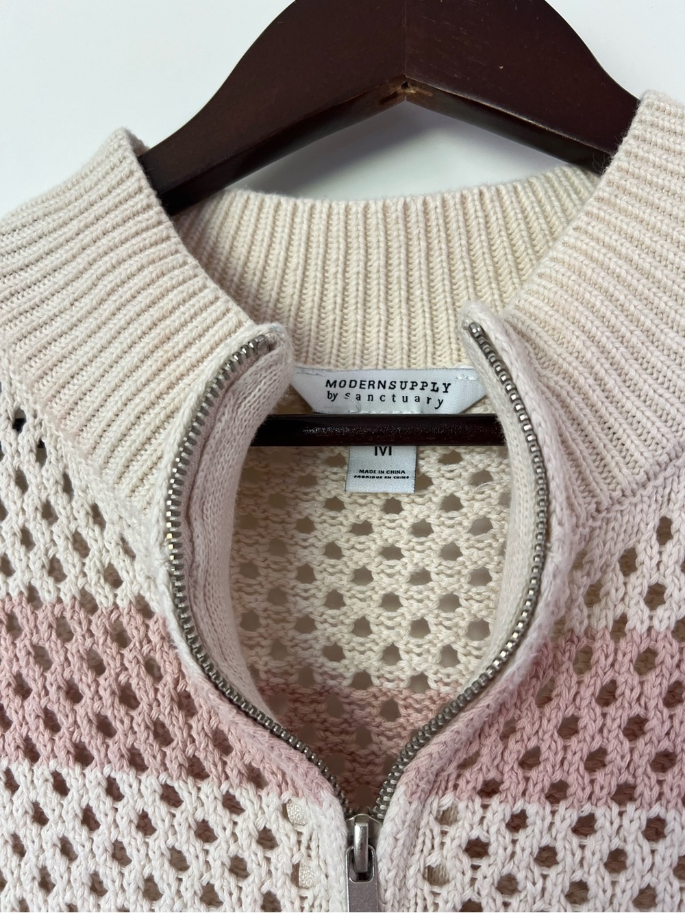 Modern Supply by Sanctuary Half Zip Open Work Striped Knit Sweater Pink Medium - Picture 4 of 7